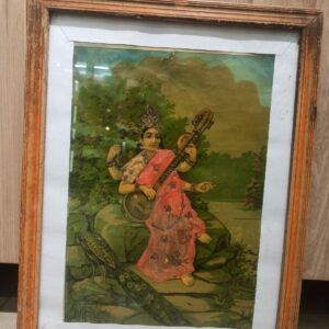 Vintage Lithograph - Ravi Varma Goddess Saraswathi - with saree work