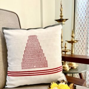 Gopuram Kolam Hand Block Print Cushion Cover in Kumkum Red